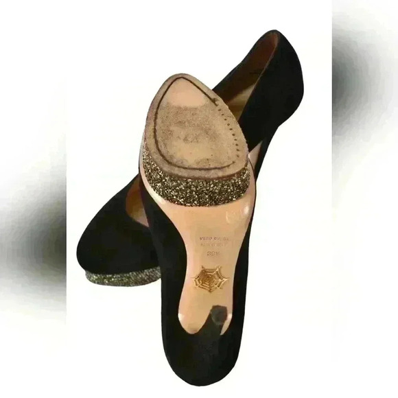 CHARLOTTE OLYMPIA Black Rhinestone Dolly High Heel Suede  Pumps 39.5EU Italy - Picture 3 of 7